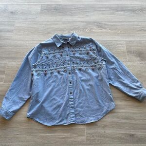 Koret VTG Denim Button Down Shirt Women's Large Embroidered Cottage Granny Boho